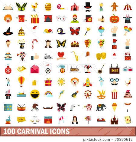 100 carnival icons set, flat style 100 carnival icons set, flat style 30590612