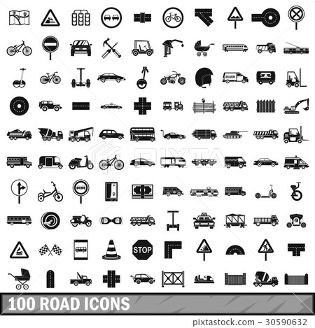 100 road icons set, simple style 30590632