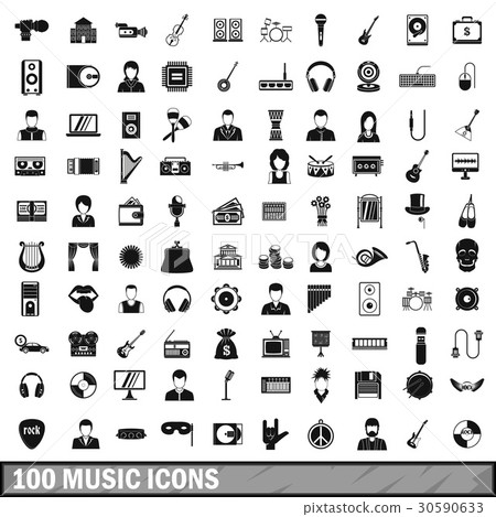 100 music icons set, simple style 100 music icons set, simple style 30590633