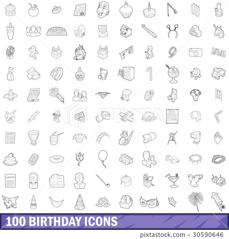 100 birthday icons set, outline style 30590646