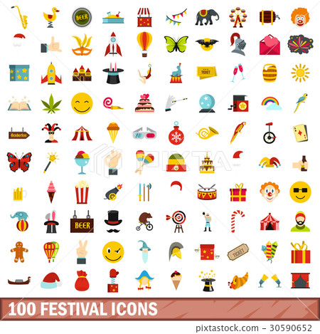 100 festival icons set, flat style 100 festival icons set, flat style 30590652