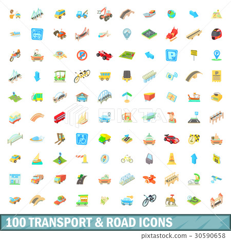 100 transport and road icons set, cartoon style 30590658