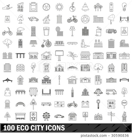 100 eco city icons set, outline style 100 eco city icons set, outline style 30590836