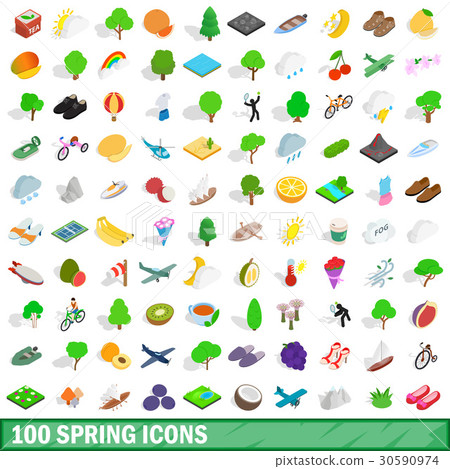 100 spring icons set, isometric 3d style 30590974