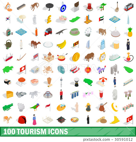 100 tourism icons set, isometric 3d style 30591012