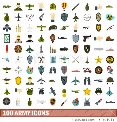 100 army icons set, flat style 30591013