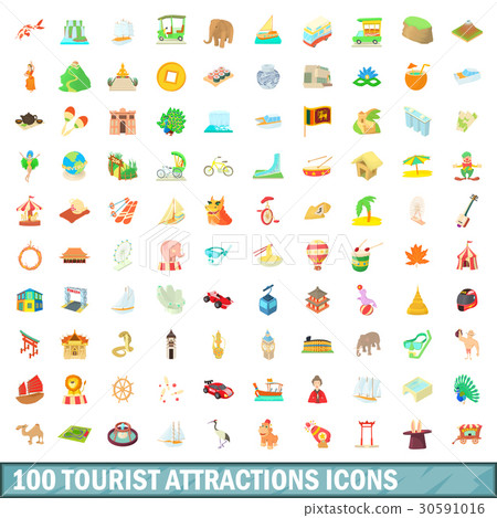 100 tourist attraction icons set, cartoon style 30591016