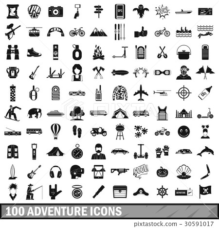 100 adventure icons set, simple style 30591017