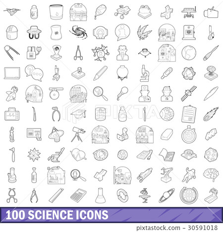 100 science icons set, outline style 30591018