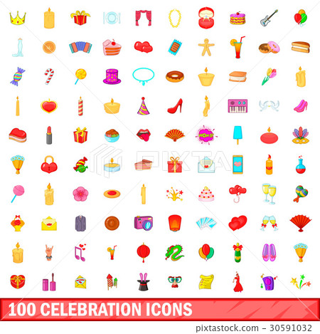 100 celebration icons set, cartoon style 30591032