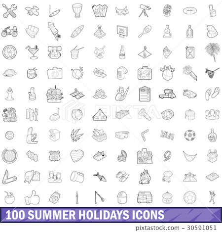 100 summer holidays icons set, outline style 30591051
