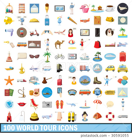 100 world tour icons set, cartoon style 30591055