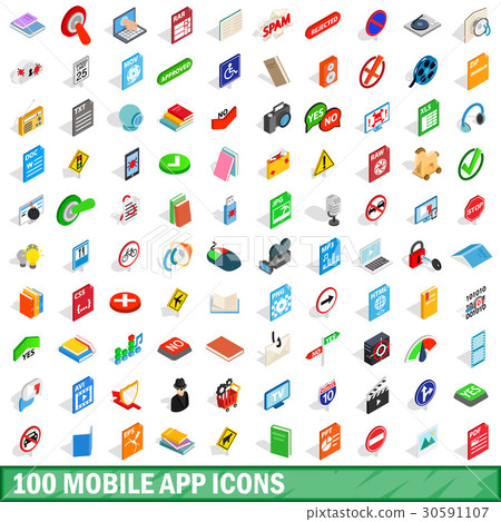 100 mobile app icons set, isometric 3d style 30591107