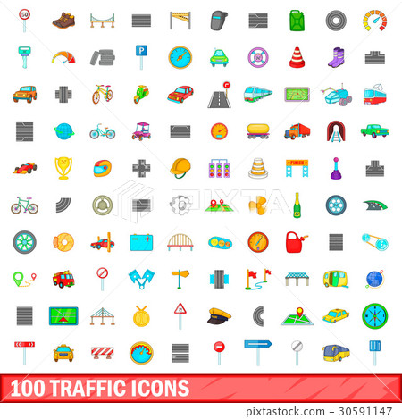 100 traffic icons set, cartoon style - Stock Illustration [30591147 ...