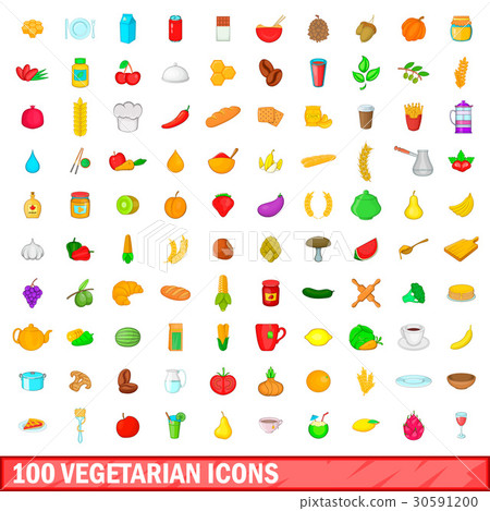 100 vegetarian icons set, cartoon style 30591200