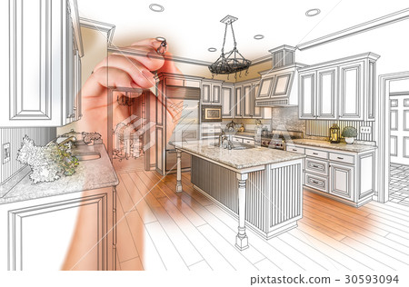 Hand Drawing Custom Kitchen Design With Gradation Revealing Phot 30593094