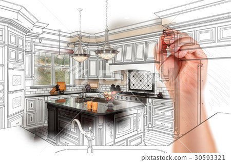 Hand Drawing Custom Kitchen Design With Gradation Revealing Phot Hand Drawing Custom Kitchen Design With Gradation Revealing Phot 30593321