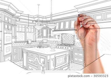 Hand of Architect Drawing Detail of Custom Kitchen Design Hand of Architect Drawing Detail of Custom Kitchen Design 30593323