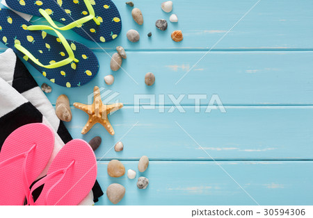 Vacation background on blue wood, top view with 30594306