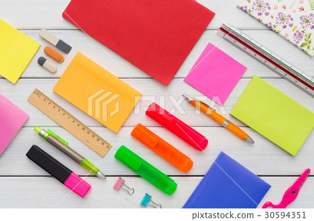 Flat lay of colorful office and school stationery Flat lay of colorful office and school stationery 30594351