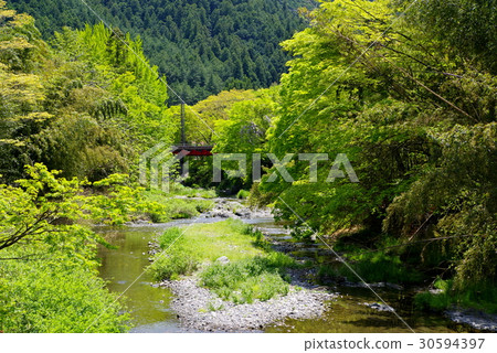 Moe的新鮮綠色和清澈的溪流一條紅色的鐵路橋懸掛在那里傳播河流的一部分河流 30594397