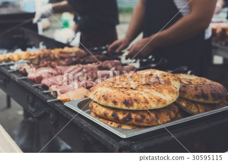 Beef and chicken kebab. Fresh meat at grill, bbq 30595115