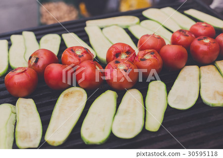 Vegetable barbecue roasted on metal grill Vegetable barbecue roasted on metal grill 30595118