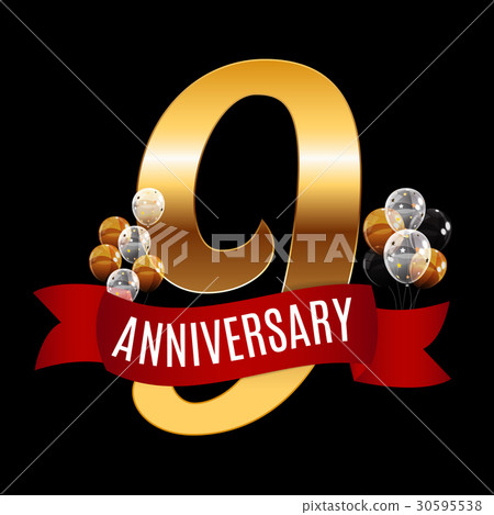 Golden 9 Years Anniversary Template with Red 30595538