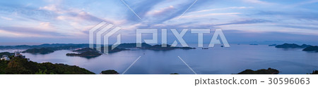 Panoramic sunset and stunning views of the Seto Inland Sea from Takamiyama Observatory in Onomichi City. 30596063