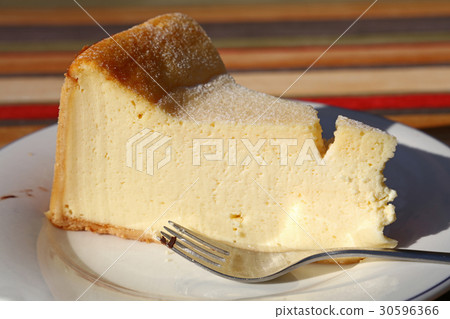 Slice of cheesecake on white plate with fork Slice of cheesecake on white plate with fork 30596366