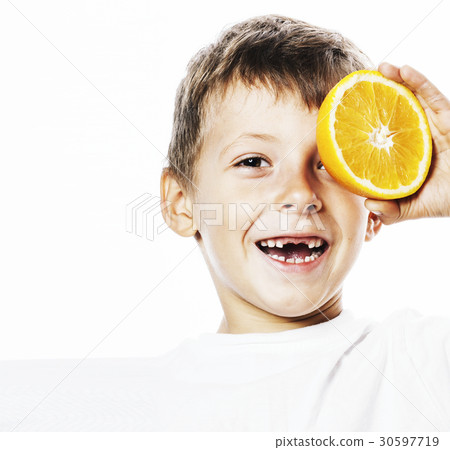 little cute boy with orange fruit double isolated 30597719