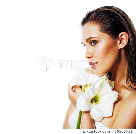 young pretty woman with Amarilis flower close u young pretty woman with Amarilis flower close u 30597731