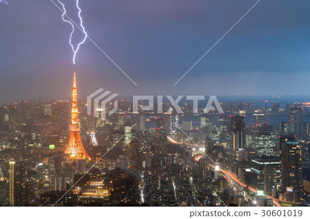 Lightning storm over Tokyo city, Japan  30601019