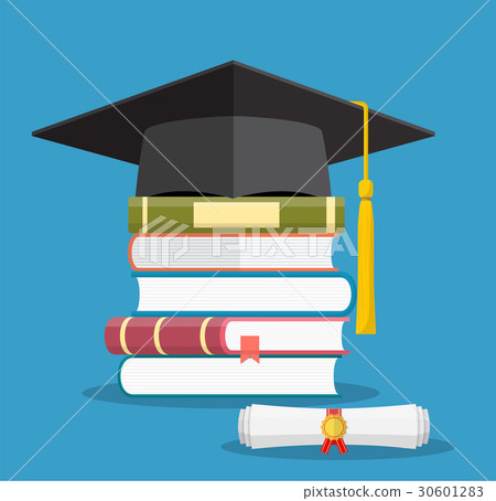 Graduation cap on books stacked, 30601283