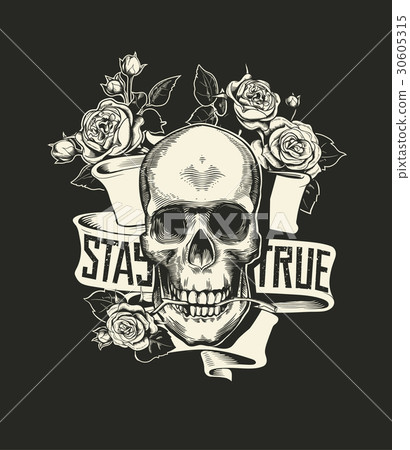 Human skull with rose flower in mouth against Human skull with rose flower in mouth against 30605315