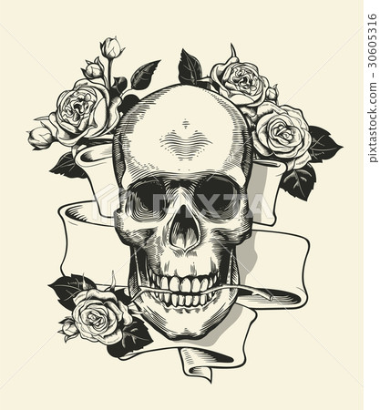Human skull with rose grasped with jaws and ribbon Human skull with rose grasped with jaws and ribbon 30605316