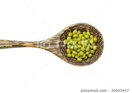 mung beans over wooden spoon isolated on white 30605457