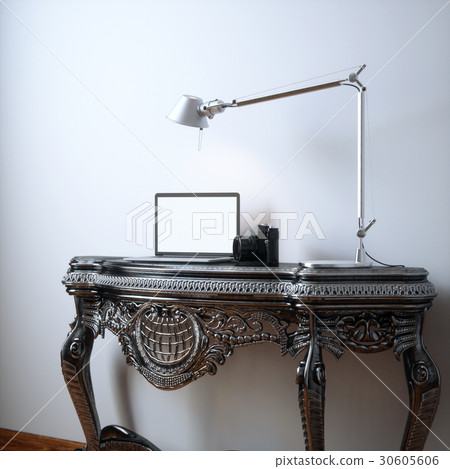 Work place with laptop, lamp and camera. Work place with laptop, lamp and camera. 30605606