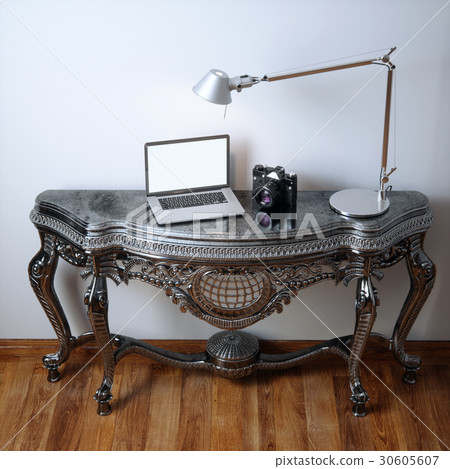 Office room with table, laptop, lamp and camera.  30605607