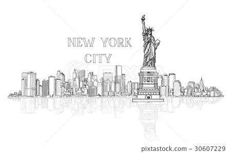New York City, USA skyline sketch Liberty monument 30607229