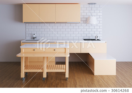3d render beige kitchen in white room 30614268