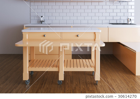 3d render beige kitchen in white room 30614270