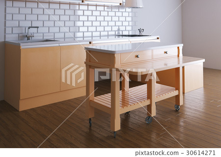 3d render beige kitchen in white room 30614271