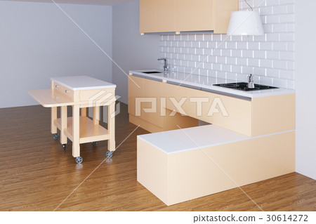 3d render beige kitchen in white room 30614272