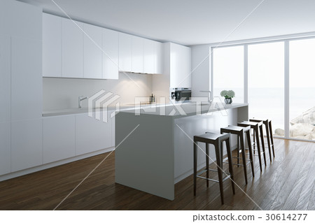 3d render white luxury kitchen in white room 3d render white luxury kitchen in white room 30614277
