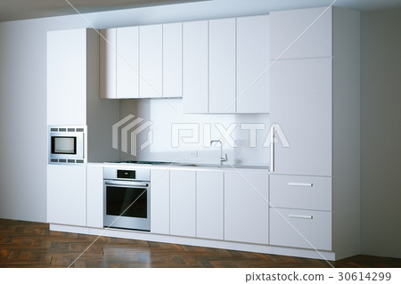 3d render white contemporary kitchen in interior 3d render white contemporary kitchen in interior 30614299