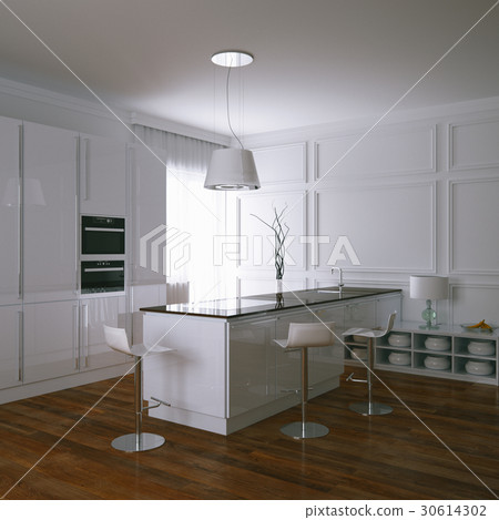3d render white contemporary kitchen in modern 3d render white contemporary kitchen in modern 30614302