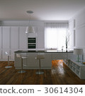 3d render contemporary white kitchen and wooden 30614304