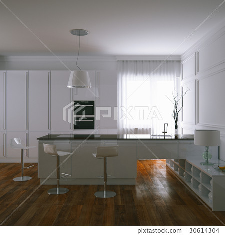 3d render contemporary white kitchen and wooden 30614304