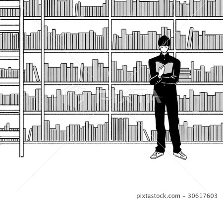 Male students reading big bookshelves and books 30617603